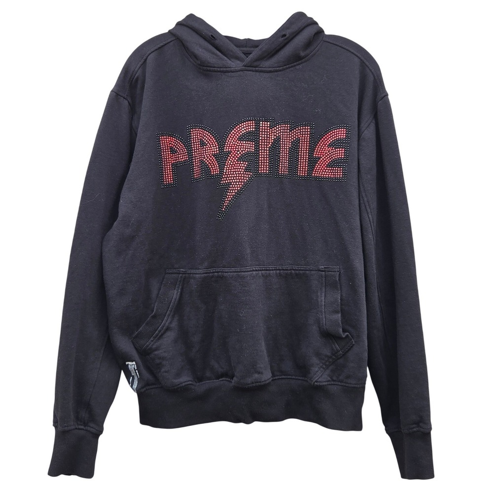 PREME Street Rhinestone Logo Hoodie Black Red Lightning Bolt XL Cotton Pullover